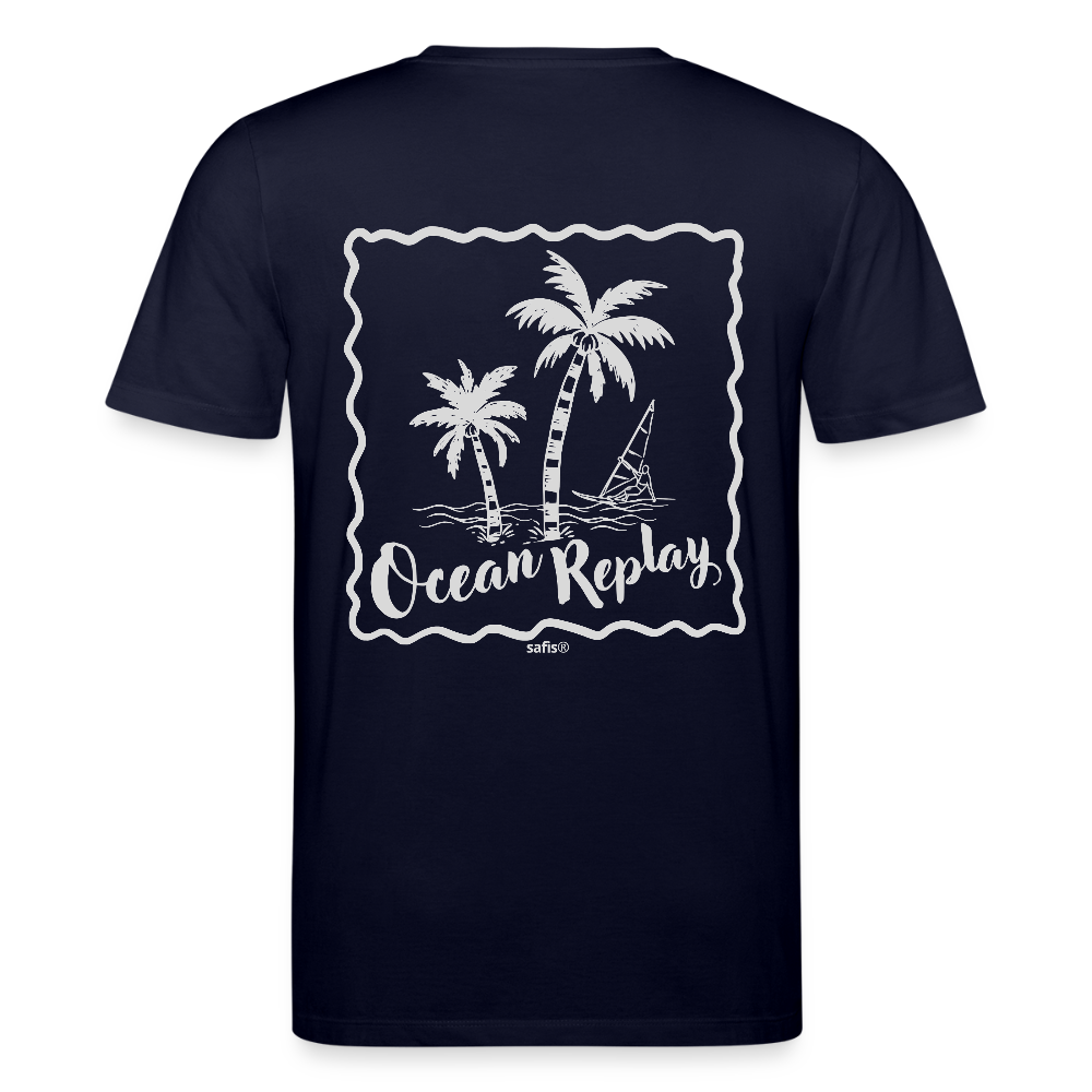 Ocean Replay T-Shirt in navy für Windsurfer mit weißem Palmen-Logo auf der Brust und großem Rückenprint einer Windsurfer-Szene