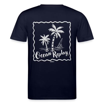 Ocean Replay T-Shirt in navy für Windsurfer mit weißem Palmen-Logo auf der Brust und großem Rückenprint einer Windsurfer-Szene