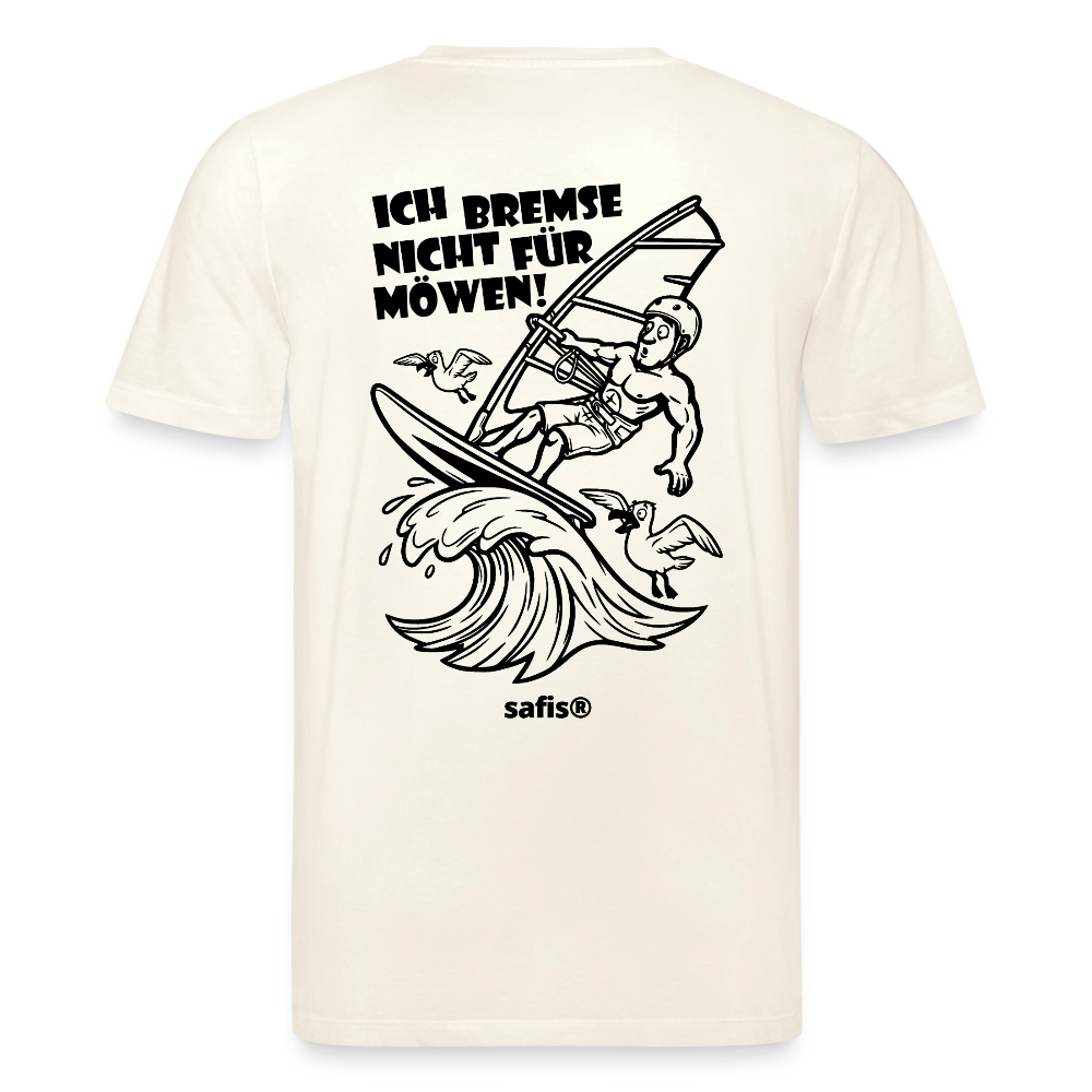 Schwarzer Backprint auf einem naturweißen safis® T-Shirt aus Bio-Baumwolle mit der Aufschrift 'ICH BREMSE NICHT FÜR MÖWEN!'. Die Cartoon-Grafik zeigt einen Windsurfer mit Helm auf einer Welle, umringt von fliegenden Möwen. Nachhaltige Windsurf-Kleidung.-Möwe- Unisex Bio-T-Shirt CREATOR Backprint - Naturweiß 