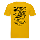 Schwarzer Backprint auf einem gelben safis® T-Shirt aus Bio-Baumwolle mit der Aufschrift 'ICH BREMSE NICHT FÜR MÖWEN!'. Die Cartoon-Grafik zeigt einen Windsurfer mit Helm auf einer Welle, umringt von fliegenden Möwen. Nachhaltige Windsurf-Kleidung.-Möwe- Unisex Bio-T-Shirt CREATOR Backprint - Spektralgelb