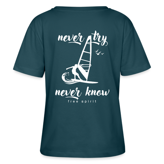Relaxed Rundhals Frauen Bio-T-Shirt -never know- - Dunkles Petrol
