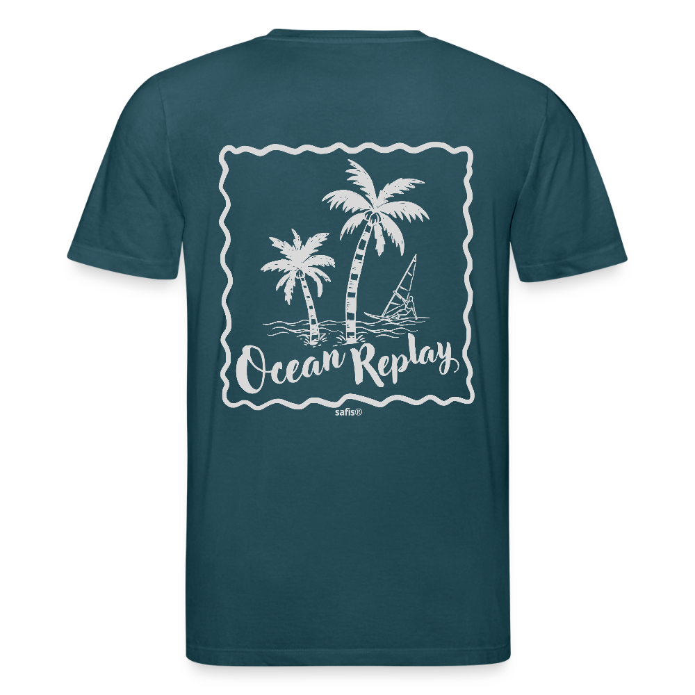 Dunkelblaues Ocean Replay T-Shirt für Windsurfer mit weißem Palmen-Logo auf der Brust und großem Rückenprint einer Windsurfer-Szene
