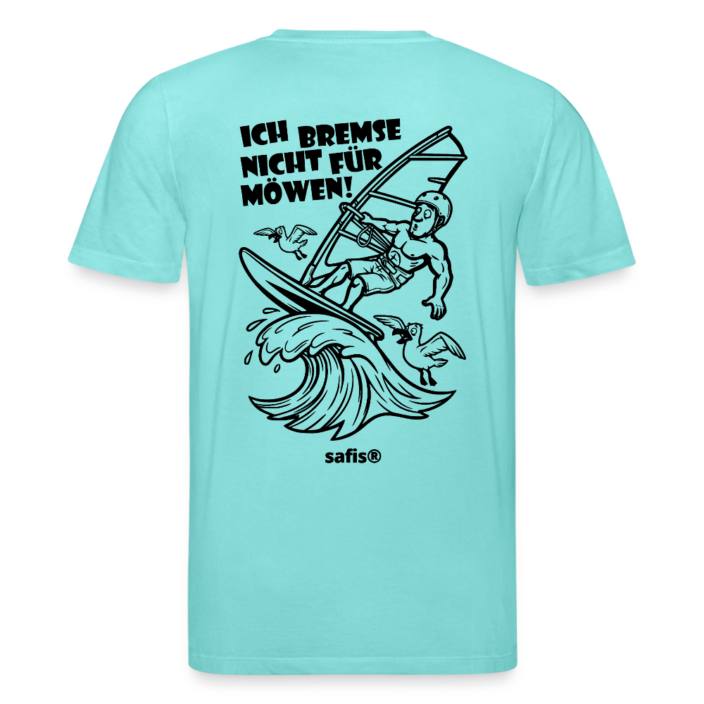 Schwarzer Backprint auf einem poolblauen safis® T-Shirt aus Bio-Baumwolle mit der Aufschrift 'ICH BREMSE NICHT FÜR MÖWEN!'. Die Cartoon-Grafik zeigt einen Windsurfer mit Helm auf einer Welle, umringt von fliegenden Möwen. Nachhaltige Windsurf-Kleidung.-Möwe- Unisex Bio-T-Shirt CREATOR Backprint - Poolblau