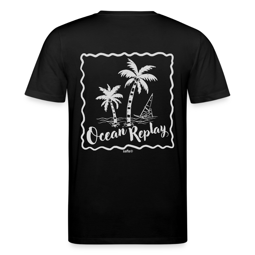 Schwarzes Ocean Replay T-Shirt für Windsurfer mit weißem Palmen-Logo auf der Brust und großem Rückenprint einer Windsurfer-Szene