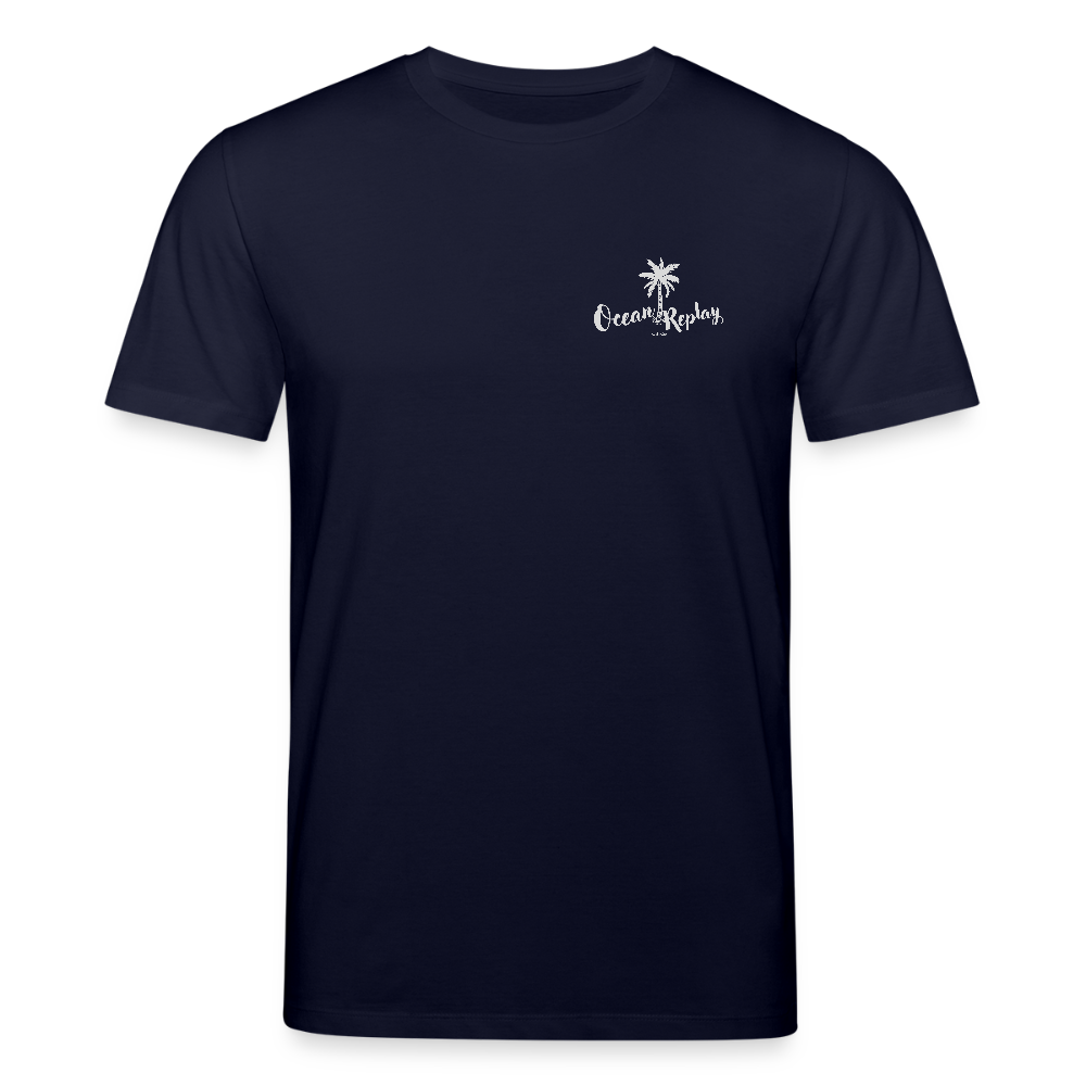 Ocean Replay T-Shirt in navy für Windsurfer mit weißem Palmen-Logo auf der Brust und großem Rückenprint einer Windsurfer-Szene