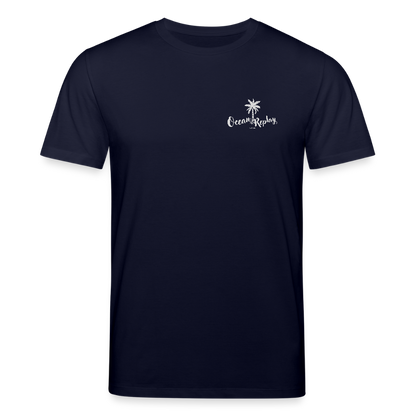 Ocean Replay T-Shirt in navy für Windsurfer mit weißem Palmen-Logo auf der Brust und großem Rückenprint einer Windsurfer-Szene