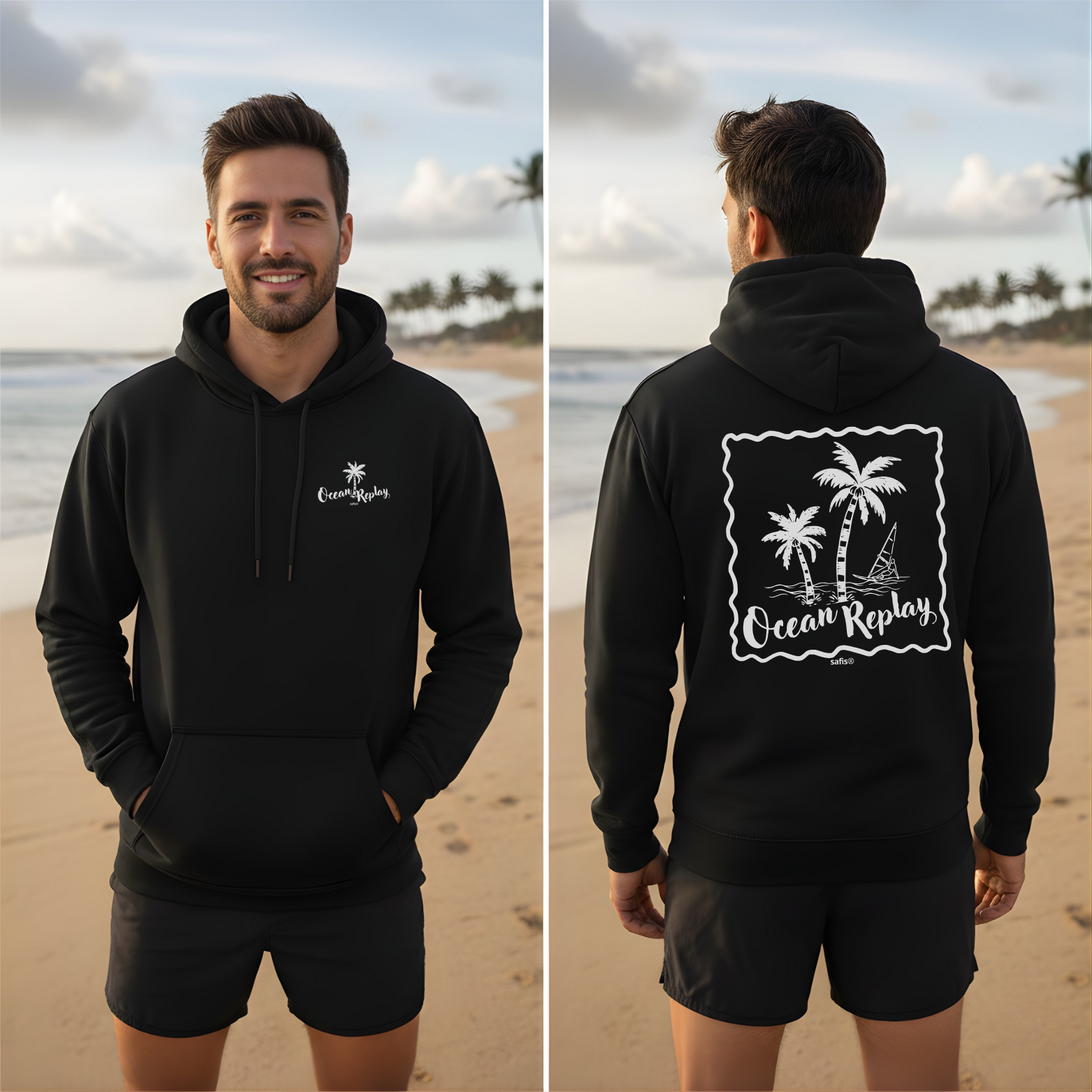 Mann am Strand mit Ocean Replay Windsurfer Hoodie. Hochwertiger Windsurfer-Print vorn und hinten. 