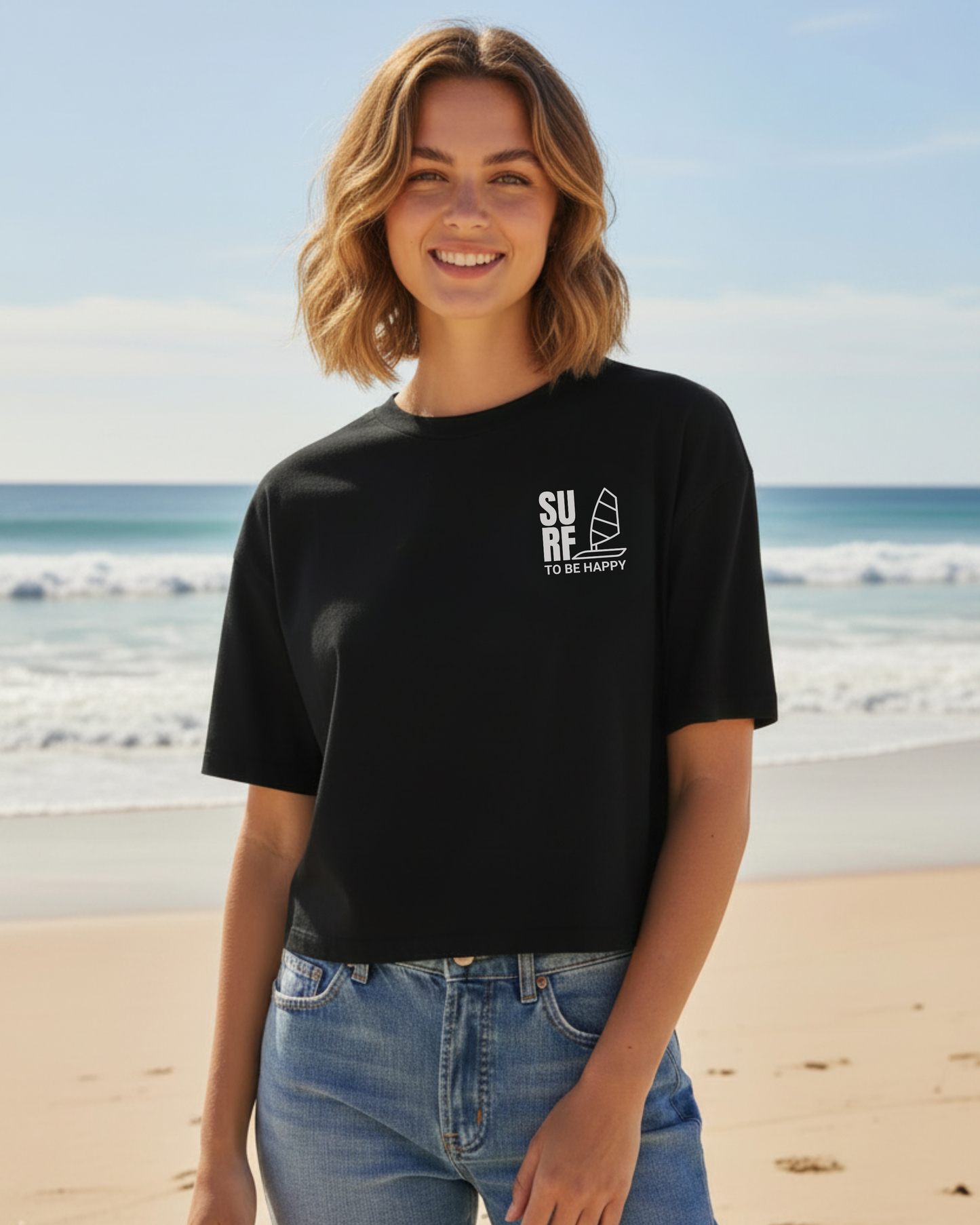 safis Windsurf Shirt frauen schwarz surf to be happy boxy