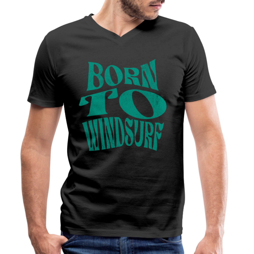 Männer T-Shirt mit V-Ausschnitt -born to windsurf- - Schwarz