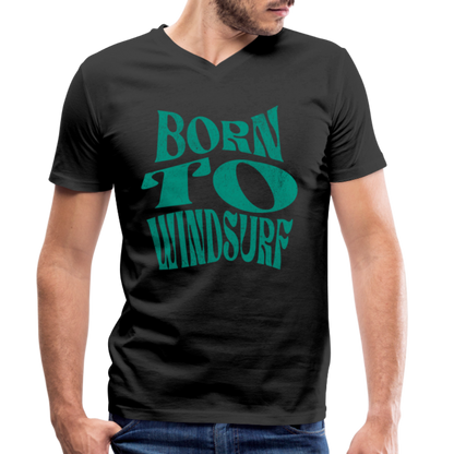 Männer T-Shirt mit V-Ausschnitt -born to windsurf- - Schwarz