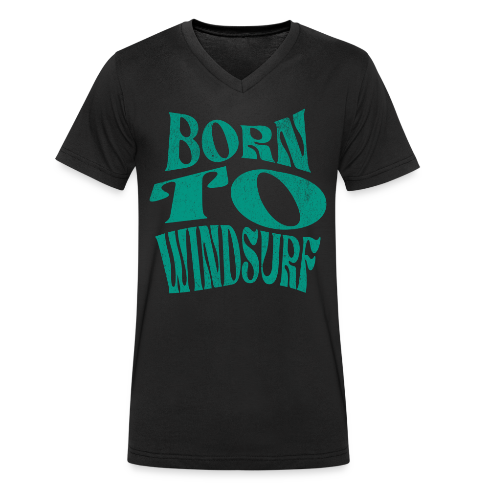 Männer T-Shirt mit V-Ausschnitt -born to windsurf- - Schwarz